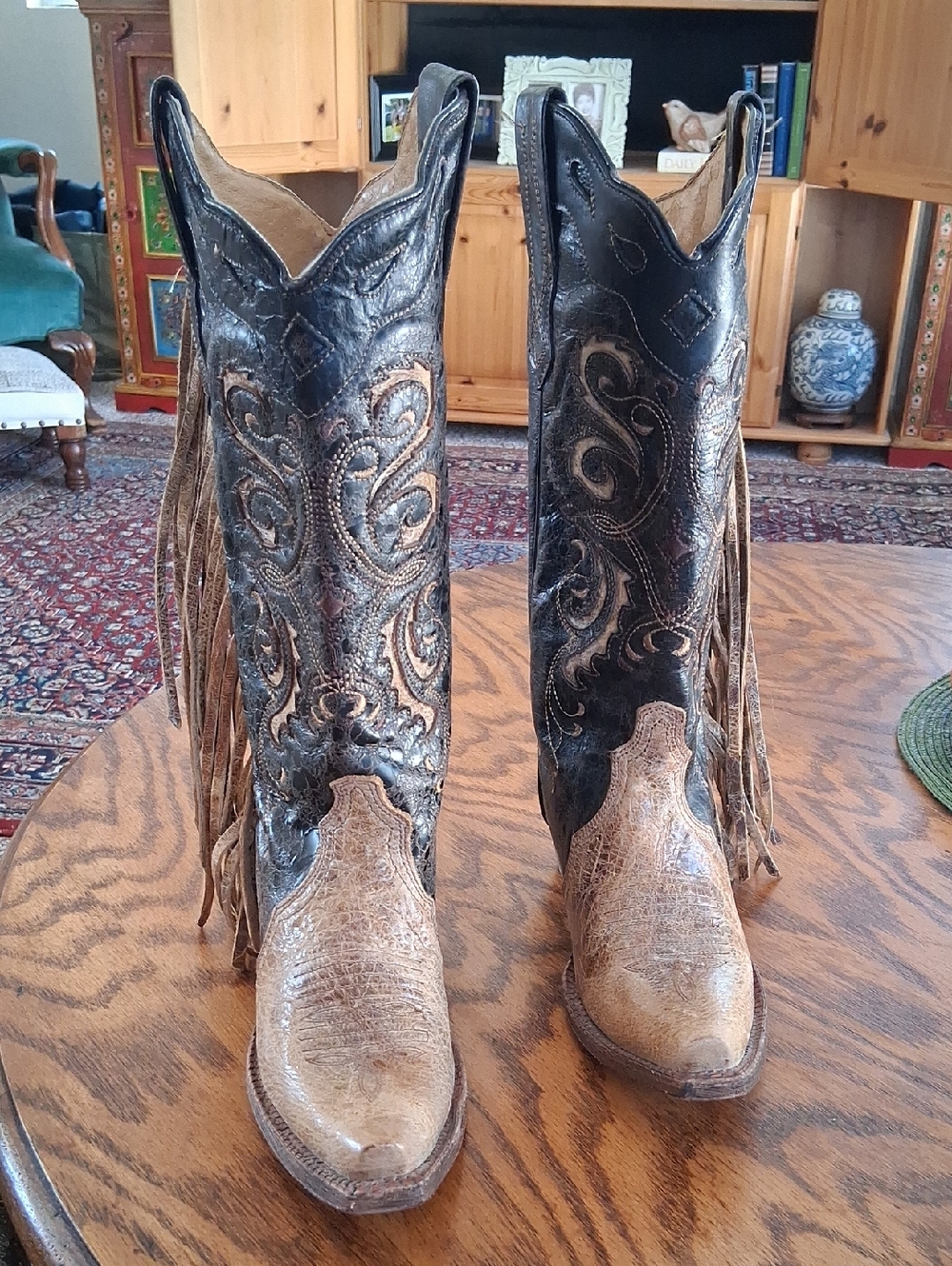Corral Vintage Leather Brown Tan Inlay Snip Toe Fringe Western Boots Size 7 - Picture 5 of 13